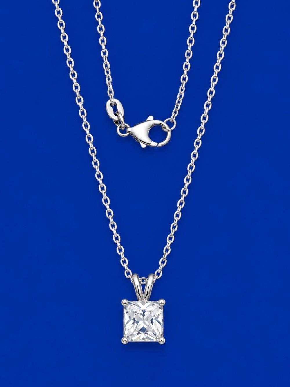Estate FAS Thai Sterling Silver Princess Cut CZ Solitare Pendant SS Plate Chain